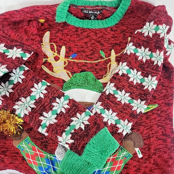 US Sweaters Ugly Christmas Sweater Reindeer Sequin Applique Red Holiday Women M - Picture 7 of 7